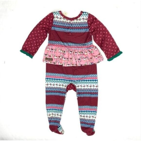 Matilda Jane Snuggle Bug Llama Sleeper Romper 3-6 months Girls Red Footed Ruffle - Picture 3 of 8
